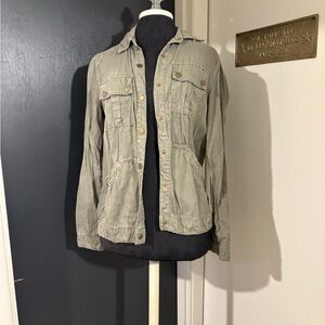 Level 99 Linen Army Green Utility Jacket with Snap Buttons from Anthropologie